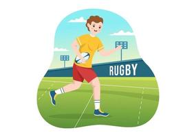 jugador de rugby corriendo ilustración con una pelota en el deporte de campeonato para banner web o página de inicio en plantillas planas dibujadas a mano de dibujos animados vector