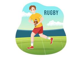 jugador de rugby corriendo ilustración con una pelota en el deporte de campeonato para banner web o página de inicio en plantillas planas dibujadas a mano de dibujos animados vector