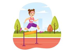 niños atleta correr obstáculo salto largo deportista juego ilustración en obstáculo corriendo para banner web o página de destino en plantillas dibujadas a mano de dibujos animados vector