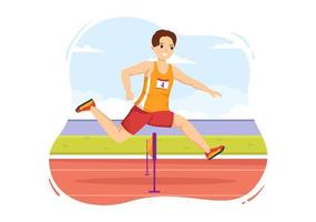 Athlete Run Hurdle Long Jump Sportsman Game Illustration in Obstacle Running for Web Banner or Landing Page in Flat Cartoon Hand Drawn Templates vector