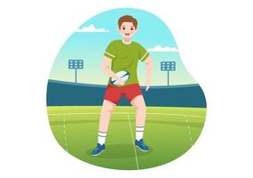 jugador de rugby corriendo ilustración con una pelota en el deporte de campeonato para banner web o página de inicio en plantillas planas dibujadas a mano de dibujos animados vector