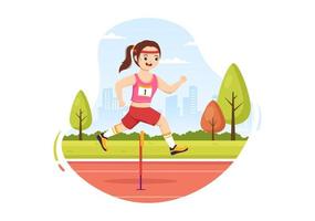 niños atleta correr obstáculo salto largo deportista juego ilustración en obstáculo corriendo para banner web o página de destino en plantillas dibujadas a mano de dibujos animados vector