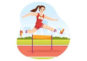 ilustración de juego de deportista de salto largo de obstáculo de atleta en carrera de obstáculos para banner web o página de destino en plantillas planas dibujadas a mano de dibujos animados vector