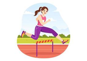 ilustración de juego de deportista de salto largo de obstáculo de atleta en carrera de obstáculos para banner web o página de destino en plantillas planas dibujadas a mano de dibujos animados vector