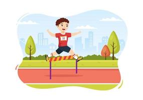 niños atleta correr obstáculo salto largo deportista juego ilustración en obstáculo corriendo para banner web o página de destino en plantillas dibujadas a mano de dibujos animados vector