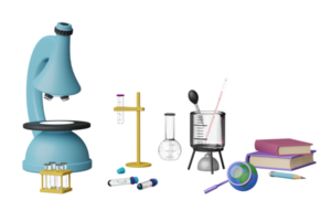 Kit d'expérience scientifique 3d avec microscope, globe, loupe, bécher, tube à essai isolé. salle d'éducation innovante en ligne, concept d'apprentissage en ligne, illustration de rendu 3d png