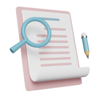 Papel de lista de verificación blanco portapapeles rosa 3d, lupa, lápiz, icono aislado. plan de proyecto, concepto de estrategia empresarial, ilustración 3d