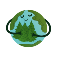 Earth globe character hugging coniferous trees png illustration. Save planet concept. International forest day. Clip art element Isolated on transparent background