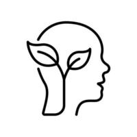 Leaf and Person Brain Ecology Environment Concept Line Icon. Plant in Human Head Linear Pictogram. Tree Branch Ecology Idea Outline Icon. Green Thinking. Editable Stroke. Isolated Vector Illustration.