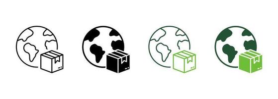 World Wide Delivery Parcel Box and Globe Silhouette and Line Icon. International Shipping Industry Pictogram. Global Worldwide Import Export Retail Icon. Editable Stroke. Isolated Vector Illustration.