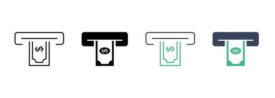 Withdraw Money in ATM Line and Silhouette Icon Set. Removing and Insert Cash to ATM Bank Service Pictogram. Payment Transaction Symbol Collection on White Background. Isolated Vector Illustration.