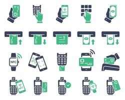 Cashless Wireless Pay Transaction by NFC Technology Pictogram Set. Contactless Payment by Mobile Phone, Credit Card on POS Silhouette Icon. ATM Withdraw Icon. Isolated Vector Illustration.