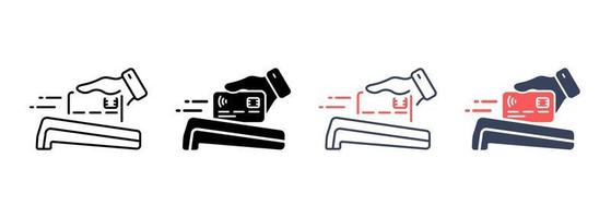 Cashless Payment Line and Silhouette Icon Set. Wireless Money Transaction on POS Pictogram. Electronic Purchase Paying by Credit Card Symbol on White Background. Isolated Vector Illustration.