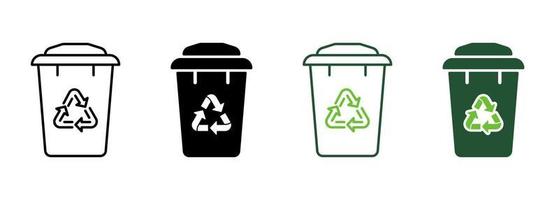 Reuse Container, Ecology Basket for Garbage Line and Silhouette Icon Set. Recycling Dustbin. Bin with Eco Recycle Arrows Triangle Symbol Collection on White Background. Isolated Vector Illustration.