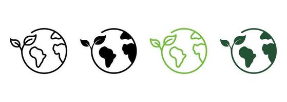 línea de cuidado de la naturaleza de la tierra y conjunto de iconos de silueta. pictograma de hoja y planeta ecológico. eco globo mundo verde con colección de símbolos de plantas sobre fondo blanco. ilustración vectorial aislada. vector