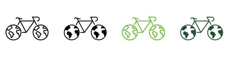 Bike with Wheels in Planet Earth Shape Line and Silhouette Icon Color Set. Pictogram. Eco Friendly Transport Symbol Collection on White Background. Ecological Bicycle. Isolated Vector Illustration.