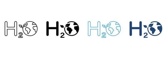 H2O Ecology Line and Silhouette Icon Color Set. Eco Water Chemistry Formula with Globe and Leaf Symbol Collection on White Background. Aqua with Earth Nature Environment. Isolated Vector Illustration.