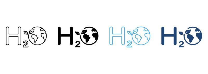 H2O Ecology Line and Silhouette Icon Color Set. Eco Water Chemistry Formula with Globe and Leaf Symbol Collection on White Background. Aqua with Earth Nature Environment. Isolated Vector Illustration.
