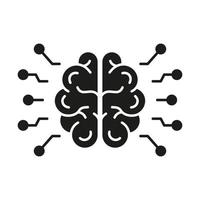 Human Brain and Network Technology Glyph Pictogram. Artificial Intelligence Silhouette Icon. AI, Innovation Neuroscience Concept Icon. Isolated Vector Illustration.