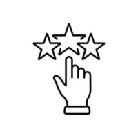 icono de la línea de comentarios de la mejor revisión del cliente. pictograma lineal de servicio positivo de buena calidad. icono de contorno de alta tasa de satisfacción del cliente. mano y estrellas. trazo editable. ilustración vectorial aislada. vector