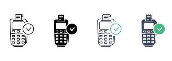 Success Payment on Payment Terminal Line and Silhouette Icon Set. Approve Transaction on POS Pictogram. Cashless Purchase Pay with Checkmark Symbol Collection. Isolated Vector Illustration.