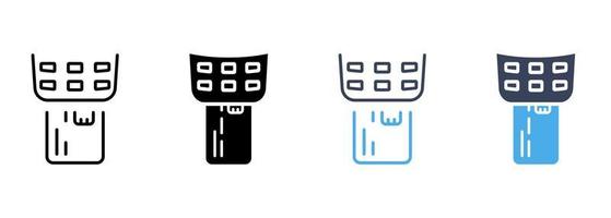 Payment Terminal with Inserted Credit Card Line and Silhouette Icon Set. Bank Service Financial Transaction Pictogram. Inserting Card in POS Symbol on White Background. Isolated Vector Illustration.