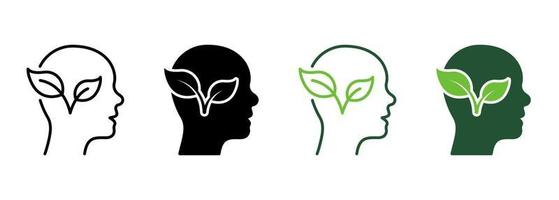Leaf and Person Brain Environment Concept Line and Silhouette Icon Set. Ecology Idea Pictogram. Plant in Human Head, Green Thinking Symbol Collection on White Background. Isolated Vector Illustration.