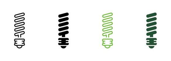 Spiral Lightbulb Electrical Equipment Line and Silhouette Icon Color Set. Light Bulb Ecology Power Pictogram. Low-Energy Light Bulb Symbol Collection on White Background. Isolated Vector Illustration.