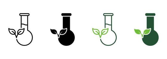 Flask with Leaf Line and Silhouette Icon Color Set. Biology Research Experiment. Equipment for Chemical Symbol Collection on White Background. Organic Scientific Lab. Isolated Vector Illustration.