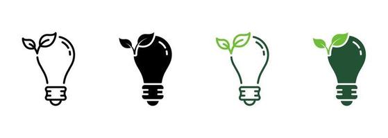 Eco Lightbulb Line and Silhouette Icon Set. Ecological Light Bulb. Ecology Electricity Lamp with Leaf Symbol Collection on White Background. Environment Conservation. Isolated Vector Illustration.