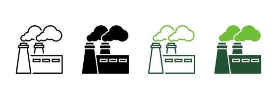 Power Station with Smoke Line and Silhouette Icon Set. Industrial Factory Pictogram. Plant Production Nuclear Pollution Symbol Collection on White Background. Isolated Vector Illustration.