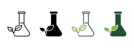 Flask with Leaf Line and Silhouette Icon Color Set. Biology Research Experiment. Equipment for Chemical Symbol Collection on White Background. Organic Scientific Lab. Isolated Vector Illustration.