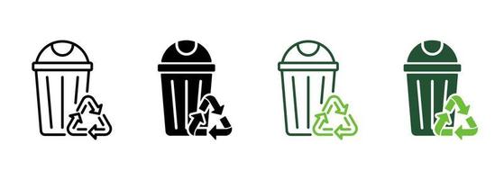 Recycling Bin for Organic Garbage Symbol Collection on White Background. Basket for Recycle Waste Line and Silhouette Icon Set. Eco Reuse Container Pictogram. Isolated Vector Illustration.