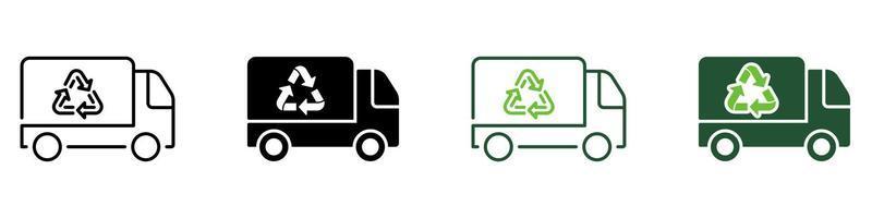 Vehicle Trash Car for Transportation Ecology Waste Line and Silhouette Icon Set. Garbage Truck with Recycle Sign. Truck for Rubbish Symbol Collection on White Background. Isolated Vector Illustration.