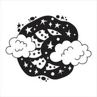 Crescent with clouds and stars in doodle style vector
