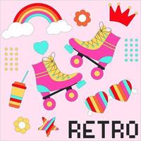 patines retro. conjunto de artículos retro. elementos clásicos de los años 80-90 en estilo moderno plano, estilo de línea. vector