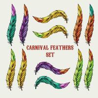 Collection of vector brushes of carnival feathers with colorful tips. Wavy bent feathers in vintage style.