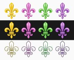 Fleur de lis set. Fleur de lys icons in different styles. Illustration for Mardi Gras carnival. Royal French heraldry symbol.