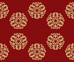 Christmas background with circular patterns, seamless patterns. Red background with gold snowflake ornaments. Red, gold. Seamless vector pattern. For fabric, wallpaper, textile, packaging.