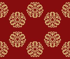 fondo de navidad con patrones circulares, patrones sin fisuras. fondo rojo con adornos dorados de copos de nieve. oro rojo. patrón de vectores sin fisuras. para tela, papel pintado, textil, embalaje.