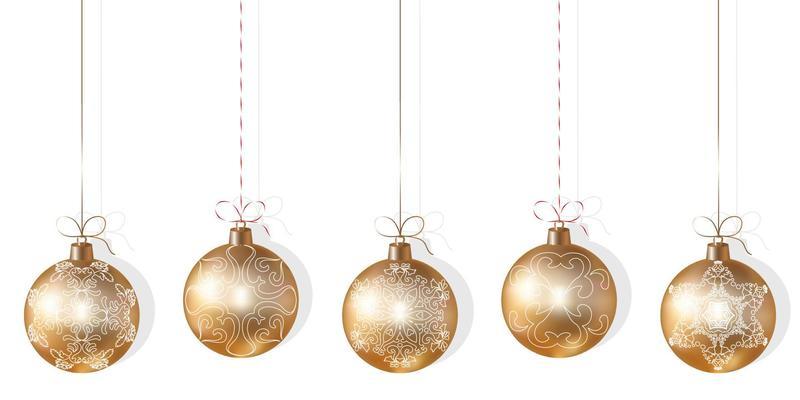 Set of realistic gold Christmas tree balls with a pattern. Christmas tree gold balls hanging on white background. Christmas tree toys. Gold and white color. Vector illustration. Modern design.