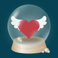 A glass globe on a gold base with a red heart inside. Red heart with white wings and gold pearls inside glass globe on blue background. 3D vector illustration. Love sign concept.