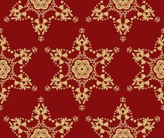 fondo rojo de Navidad con estrellas doradas, patrones sin fisuras. fondo rojo con adornos dorados. oro rojo. patrón de vectores sin fisuras. para tela, papel pintado, patrón veneciano, textil, embalaje.