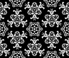 Vector template with white rococo flowers on black background. Vintage Victorian damask. Seamless abstract pattern. For textiles wallpaper tiles or packaging.