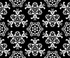 Vector template with white rococo flowers on black background. Vintage Victorian damask. Seamless abstract pattern. For textiles wallpaper tiles or packaging.