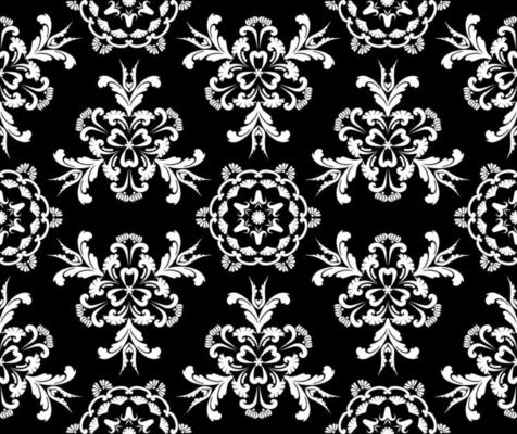 Vector template with white rococo flowers on black background. Vintage Victorian damask. Seamless abstract pattern. For textiles wallpaper tiles or packaging.
