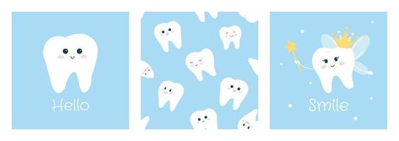 Cute vector illustration and seamless pattern with white smiling tooth and tooth fairy isolated on blue background.