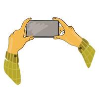 teléfono inteligente con pantalla en blanco en posición horizontal en las manos ilustración de vector de línea de arte mínima.las manos del hombre usan teléfono móvil de teléfono inteligente,gadget.diseño aislado dibujado a mano