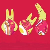 feliz concepto de pascua. tres conejitos de pascua con huevos de colores, ilustración de vector de fondo de color magenta viva de moda. baner abstracto moderno, póster, fondo, impresión, plantilla de tarjeta de felicitación. conjunto de conejos