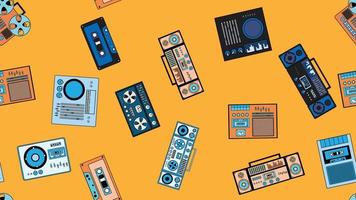 Seamless pattern endless with music audio tech electronics equipment old retro vintage hipster from 70s, 80s, 90s isolated on yellow background. Vector illustration